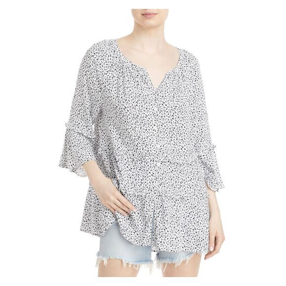 BEACHLUNCHLOUNGE COLLECTION Tops - BEACHLUNCHLOUNGE COLLECTION Womens White Ruffled Tiered Split Button Up Top S